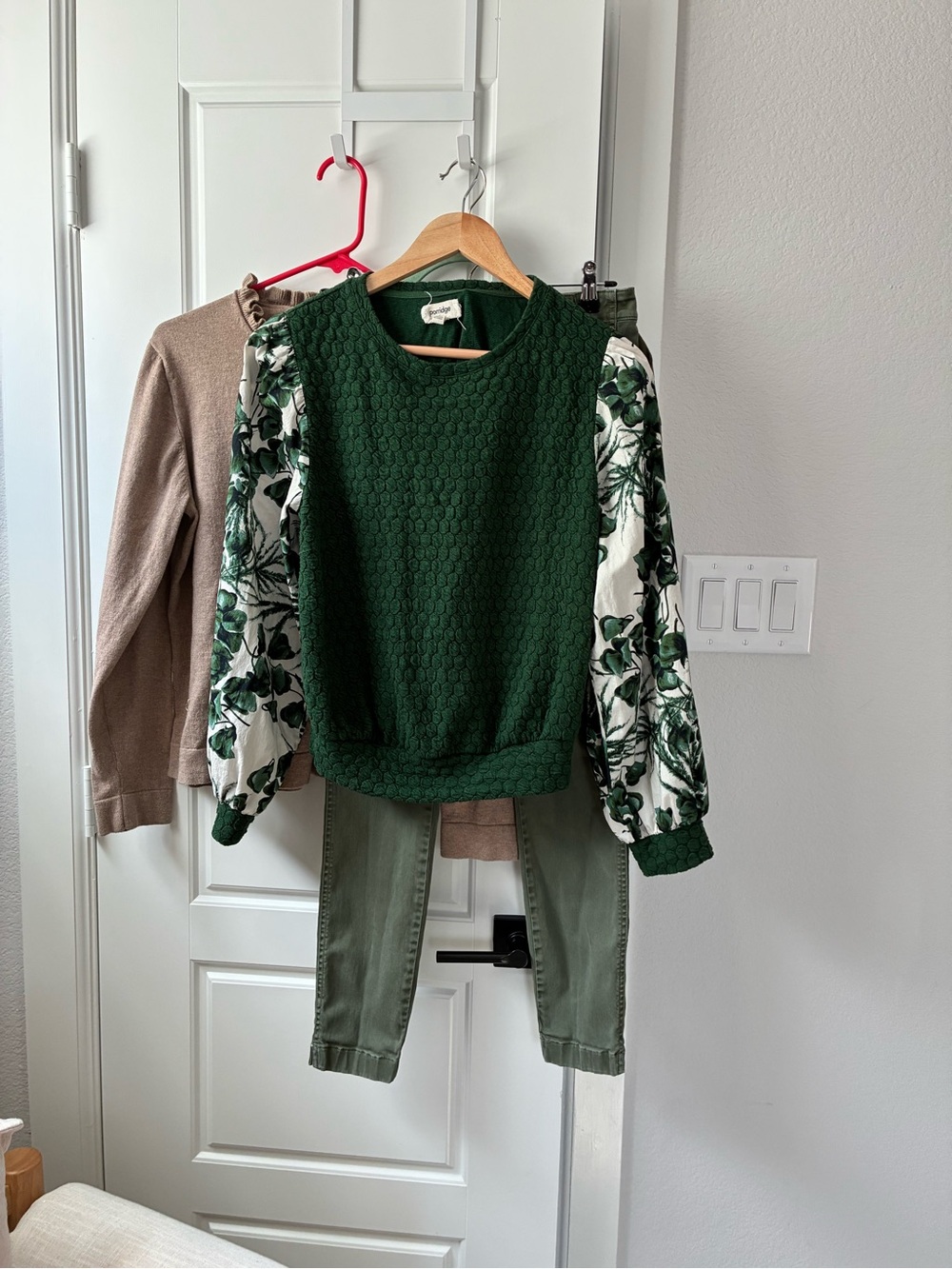 4 piece Forest Army Green Bundle Textured Sweater with Floral Puff Sleeves